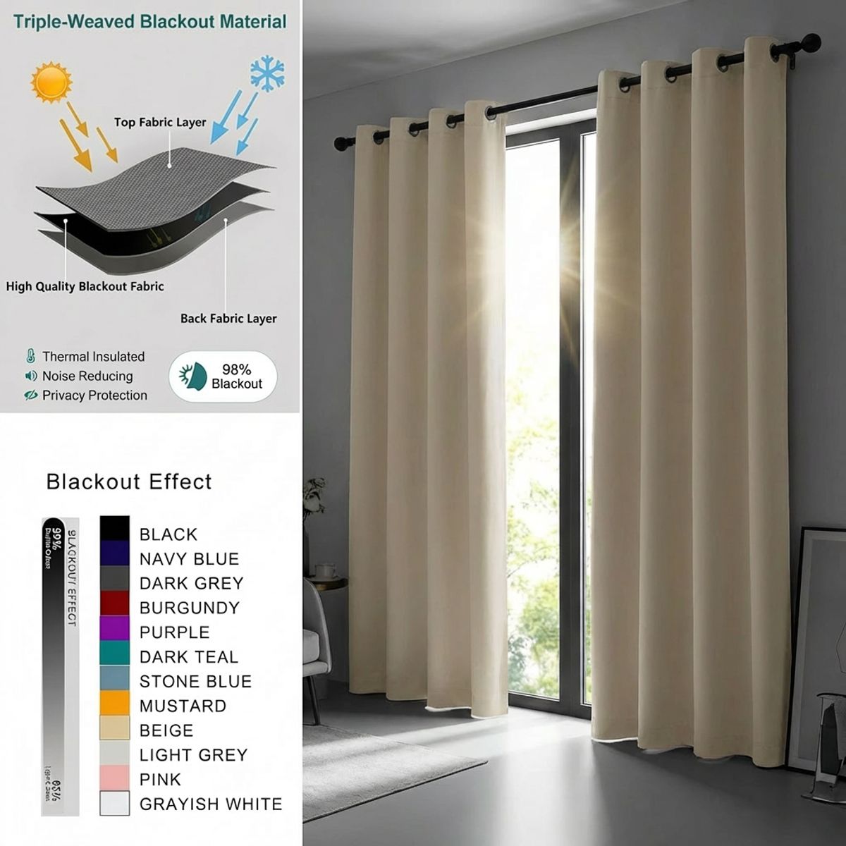 HOMMI - Cortina Blackout 100% Antiluz 2 Paños 280x220 cm Textura Lino Beige