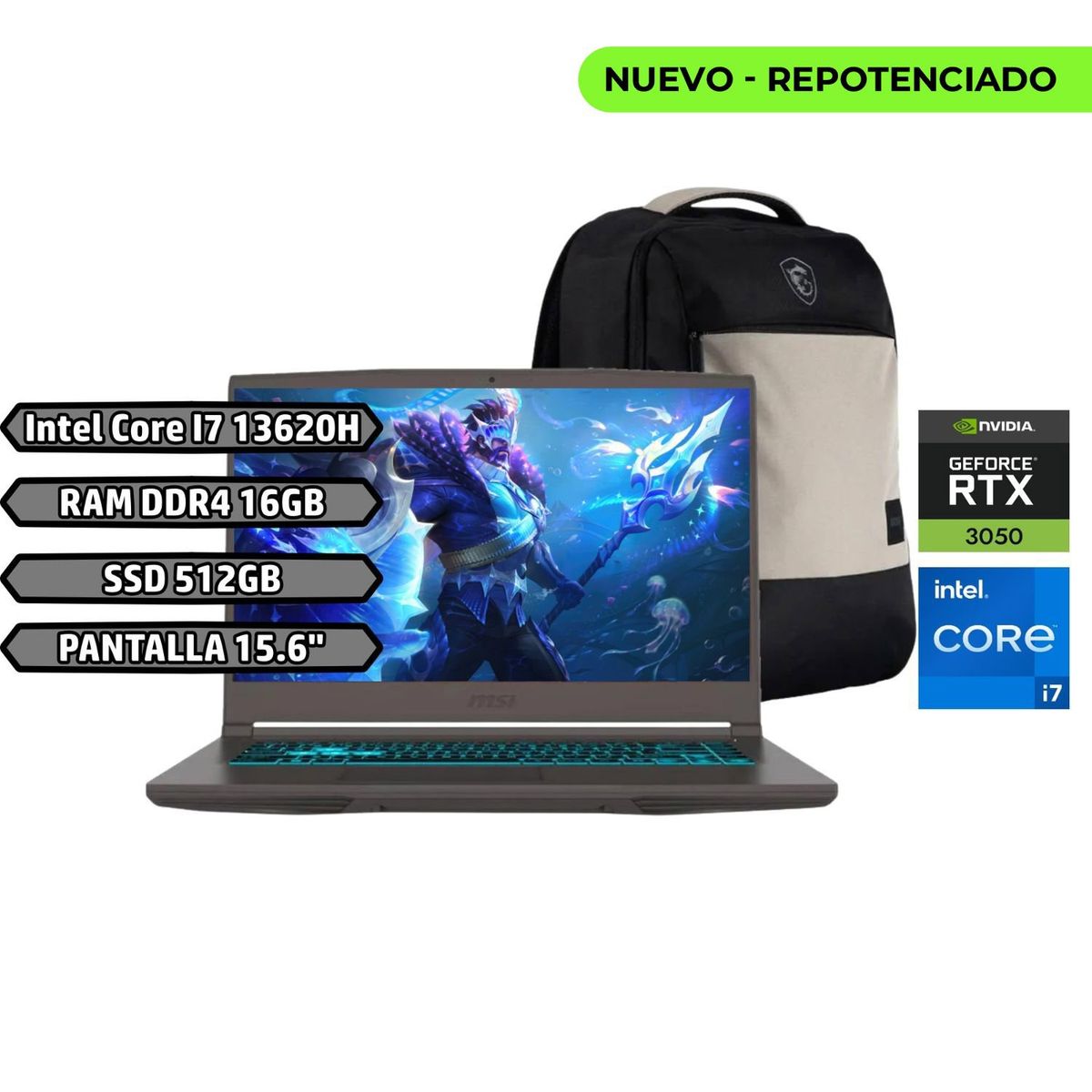 MSI - Portátil MSI Thin Intel Core i7 13620H RAM 16GB 512GB SSD RTX 3050 4GB 15 FHD 144Hz + Morral MSI