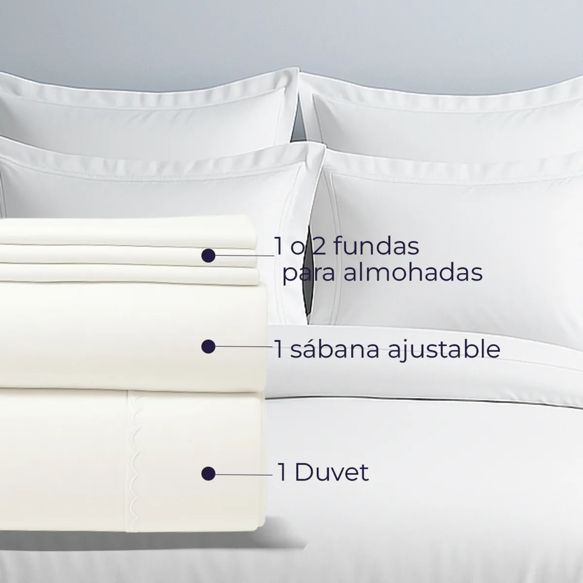 LILE - Set Duvet + Sábana Ajustable + Fundas 100% Algodón 400 hilos Blanco