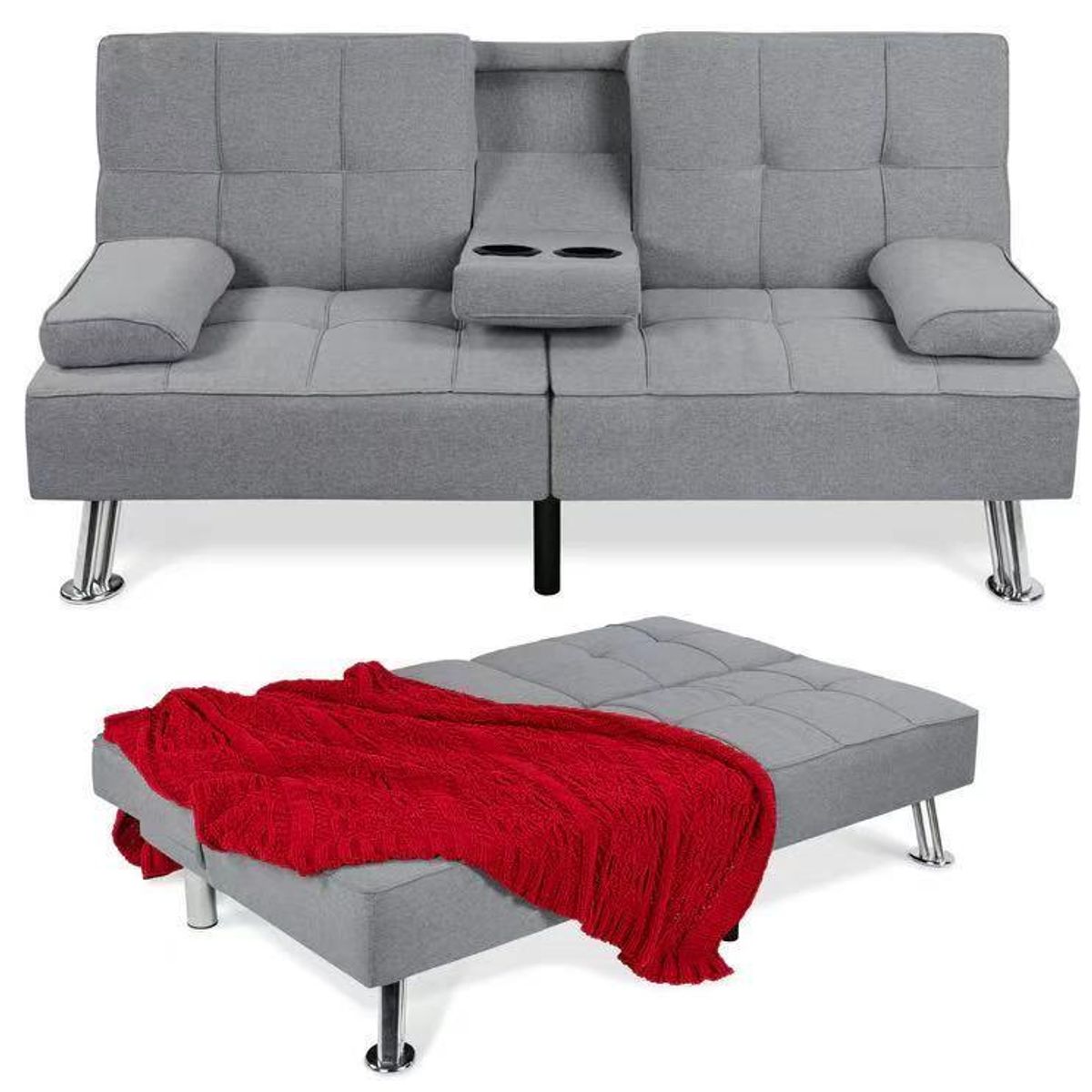 GENERICO - Sofá Cama Moderno 3 Posiciones Con Portavasos - Tela Suave Gris Cuadriculado