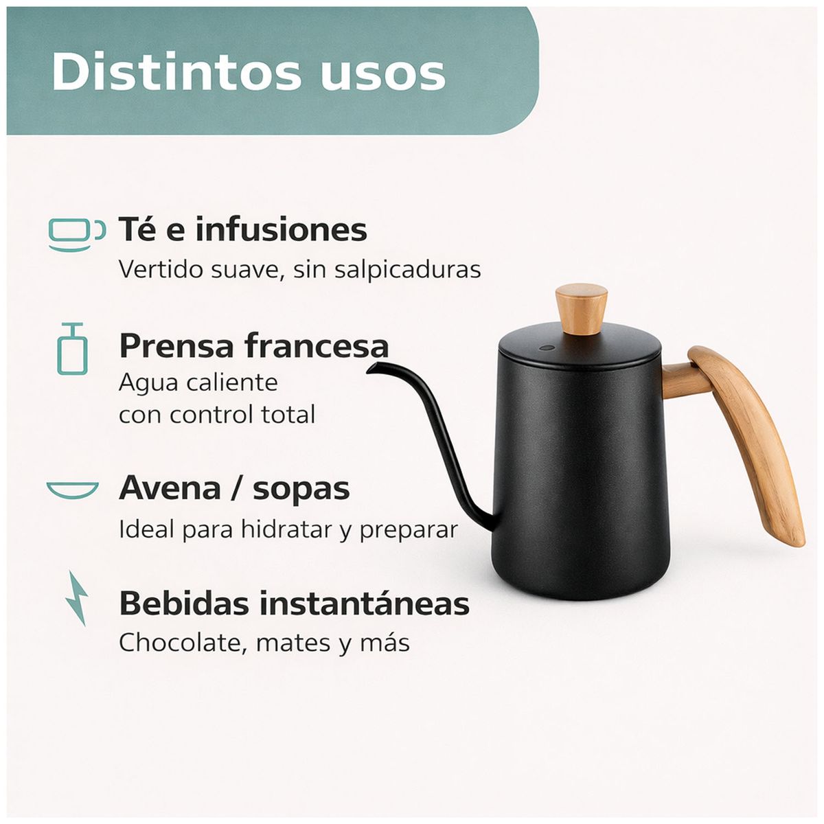 ONE PIXEL - Tetera Cuello de Cisne Premium Negro Mate con Mango de Madera