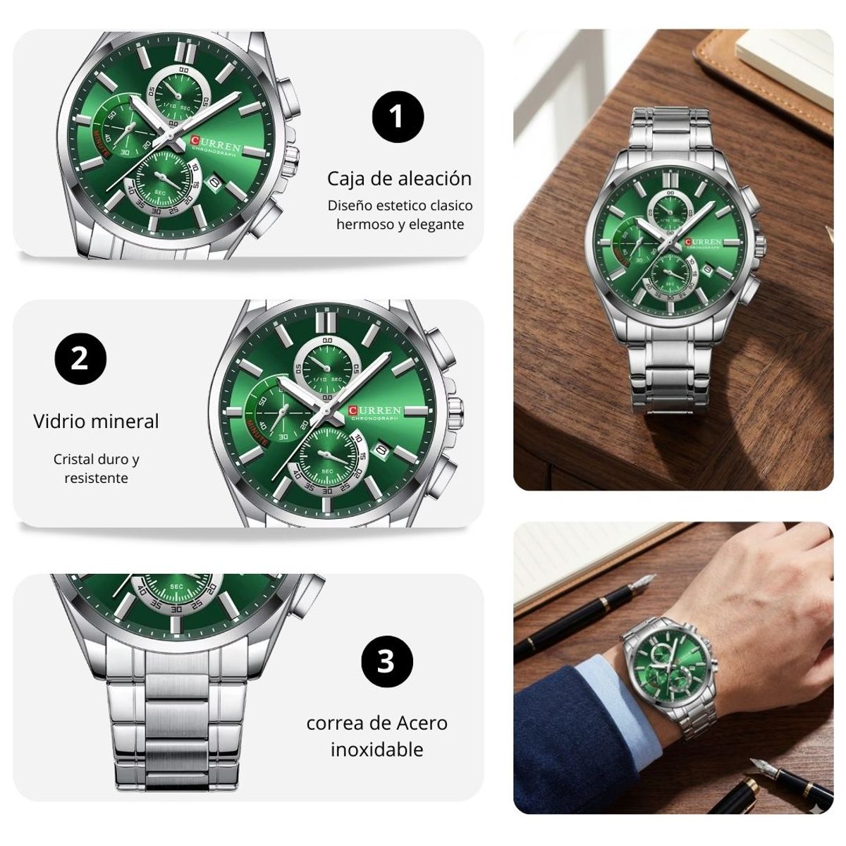 CURREN - Reloj Curren 8475 plateado - verde Diseño Elegante