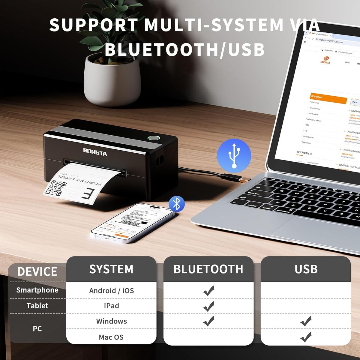 PRO - Impresora Termica de Etiquetas 4x6 Rongta Bluetooh Envio Bluetooh Negro