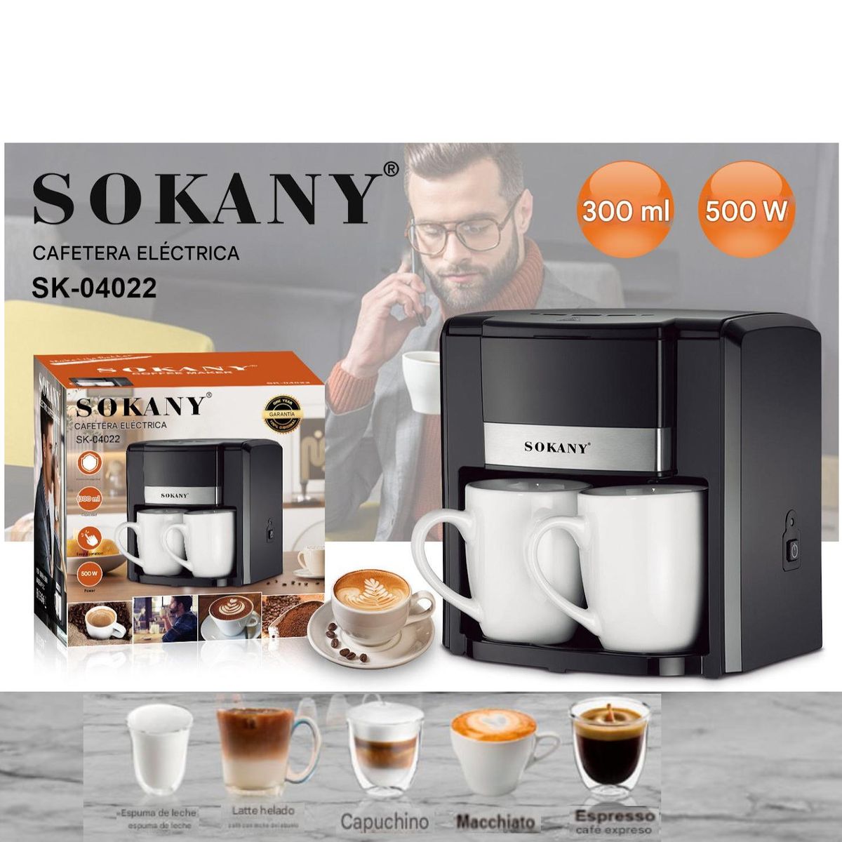 SOKANY - Cafetera Eléctrica Automática De Goteo Para 2 Tazas