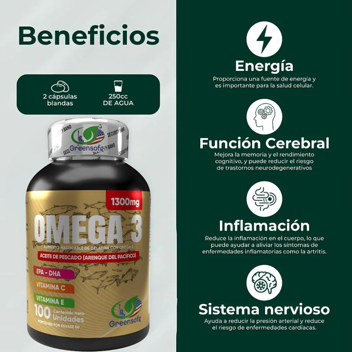 NATURAL ENERGY PRODUCTS - Omega-3 Americano  Corazón y Cerebro Activos x 1300 mg