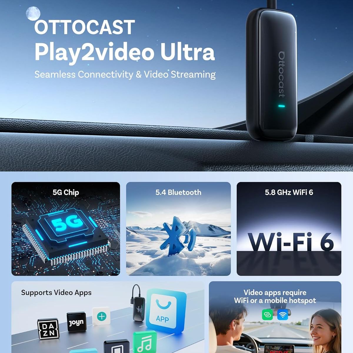 OTTOCAST - Ai Box Inalámbrico Android Auto CarPlay con YouTube Netflix y más Apps de Video para Vehiculos