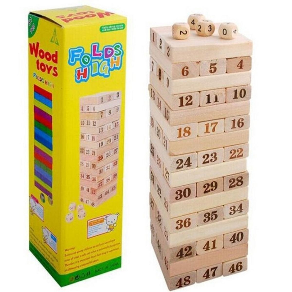 GENERICO - Jenga Tipo Torre Grande Madera Bloques 48pc Dados Juego Mesa Caja Amarilla
