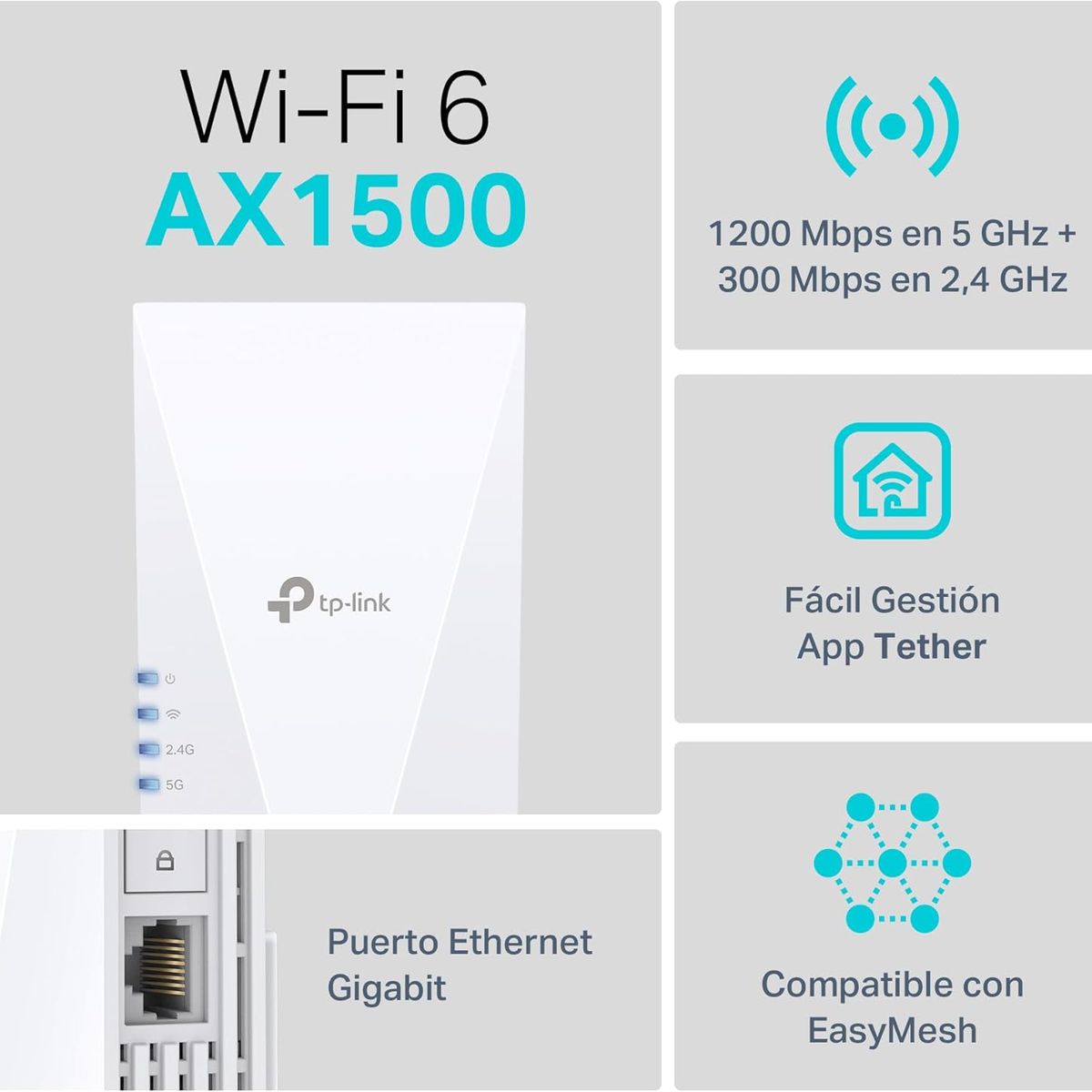 TP LINK - Repetidor AX1500 WiFi 6 5G Doble Banda Mesh Tp-Link RE500X App