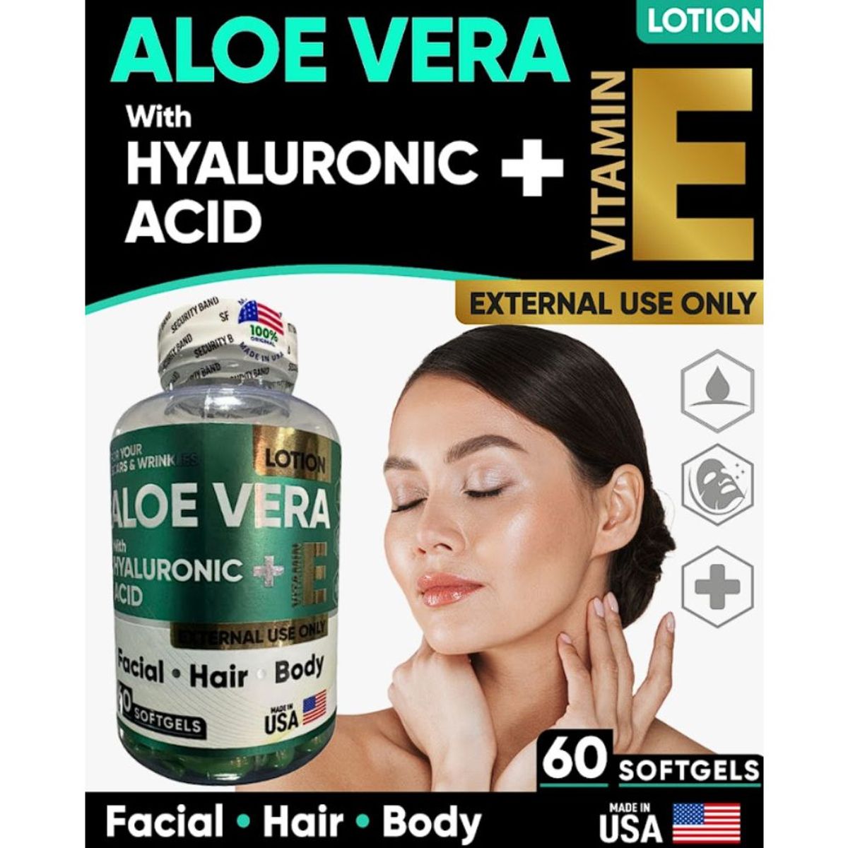 NATURAL MEDICINE - Capsulas de Aloe Vera y Acido Hialurónico + Vitamina E Americana x60