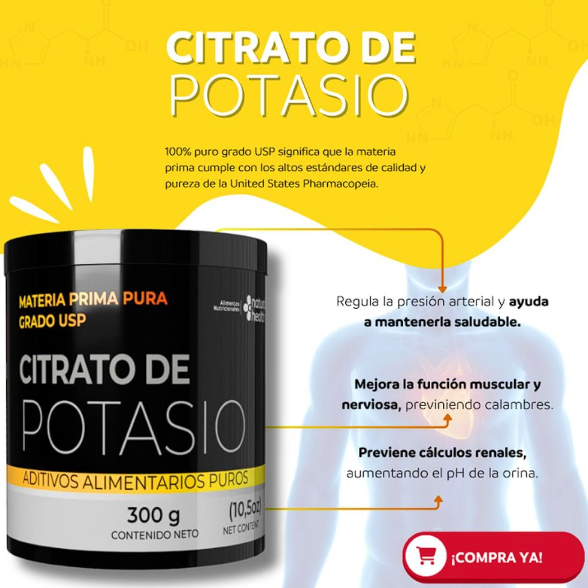 NATURAL MEDICINE - Citrato de Potasio Grado USP en Polvo x300g
