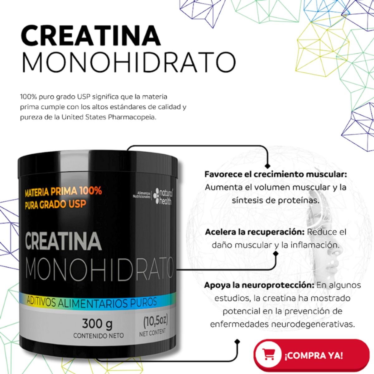NATURAL MEDICINE - Creatina Monohidrato Grado USP en Polvo x300g