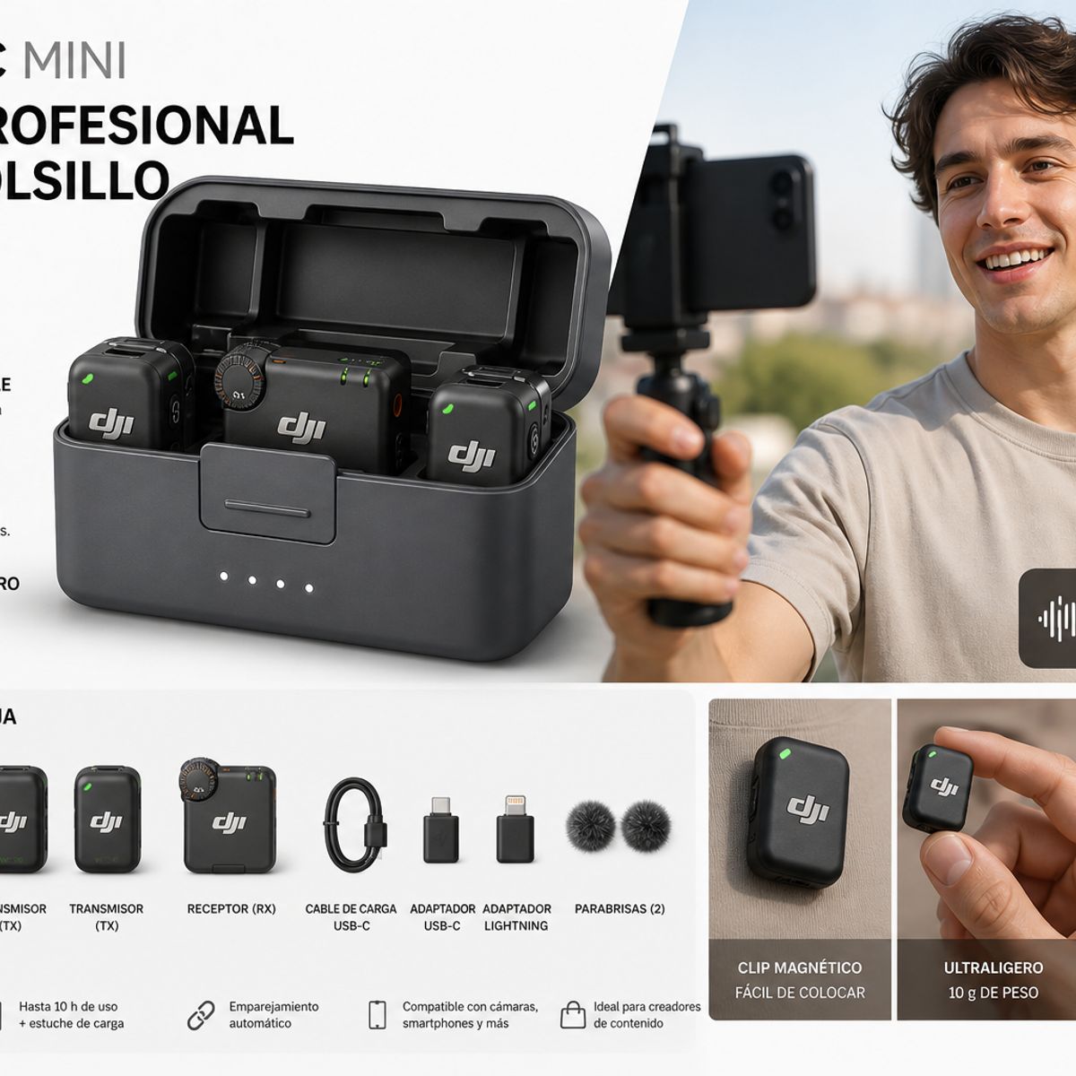 AMERICAN AUDIO - DJI Mic Mini — Sistema de Micrófonos Inalámbricos - 2 TX + 1 RX + Estuche de Carga