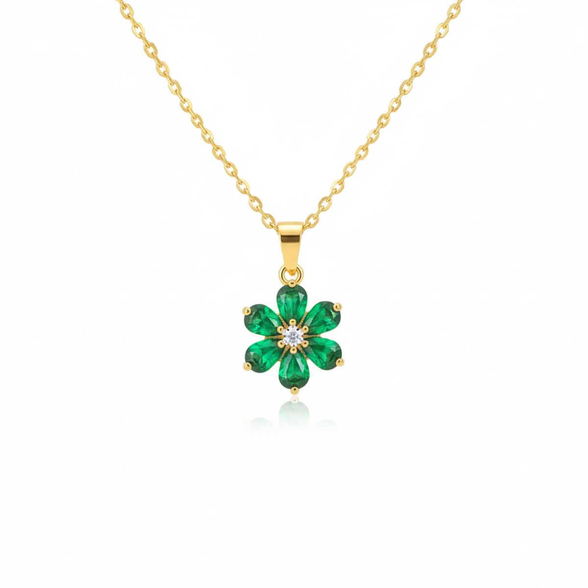 DELUXE - Collar Cadena Con Dije De Flor Verde Circon En Acero Inoxidable + Caja