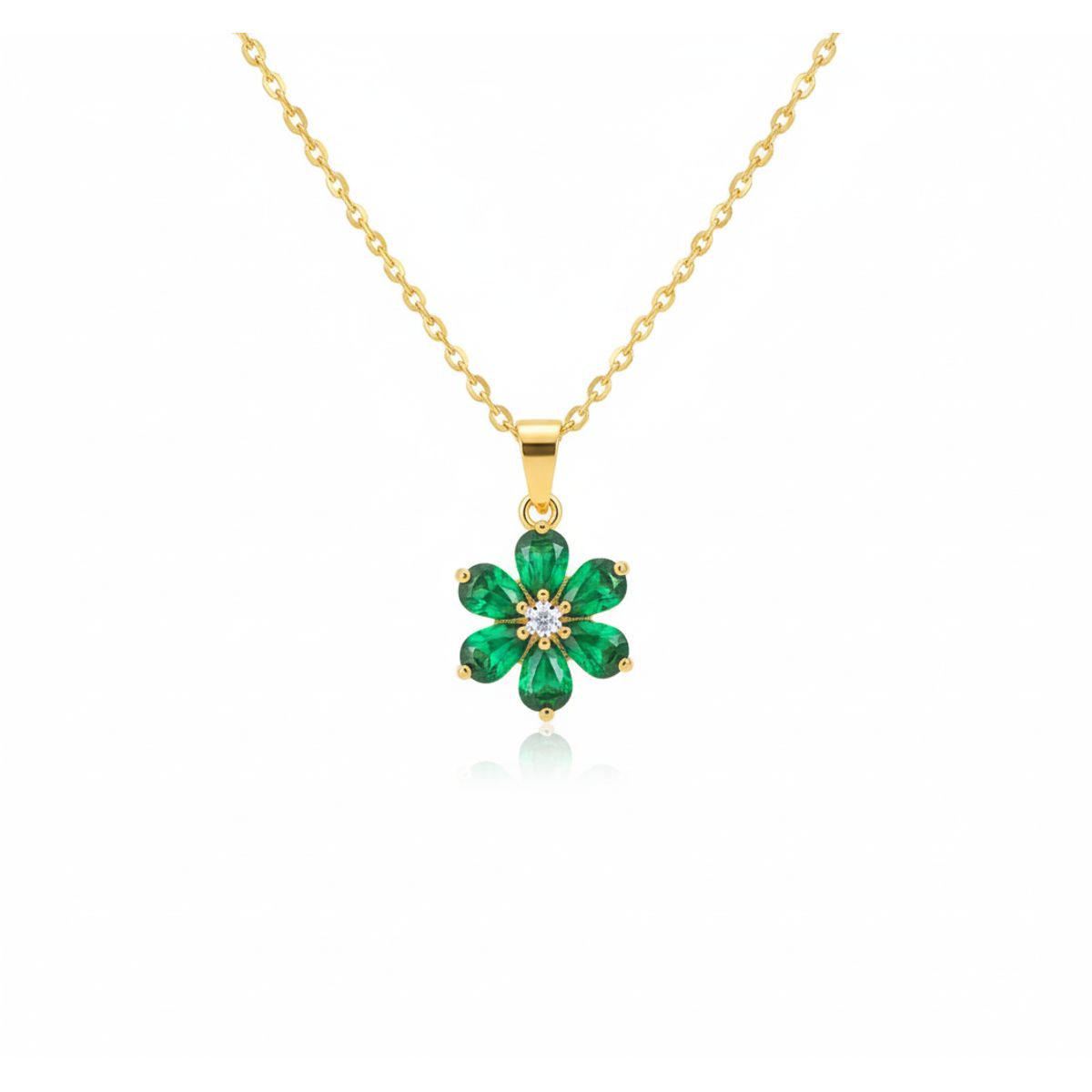 DELUXE - Collar Cadena Con Dije De Flor Verde Circon En Acero Inoxidable + Caja