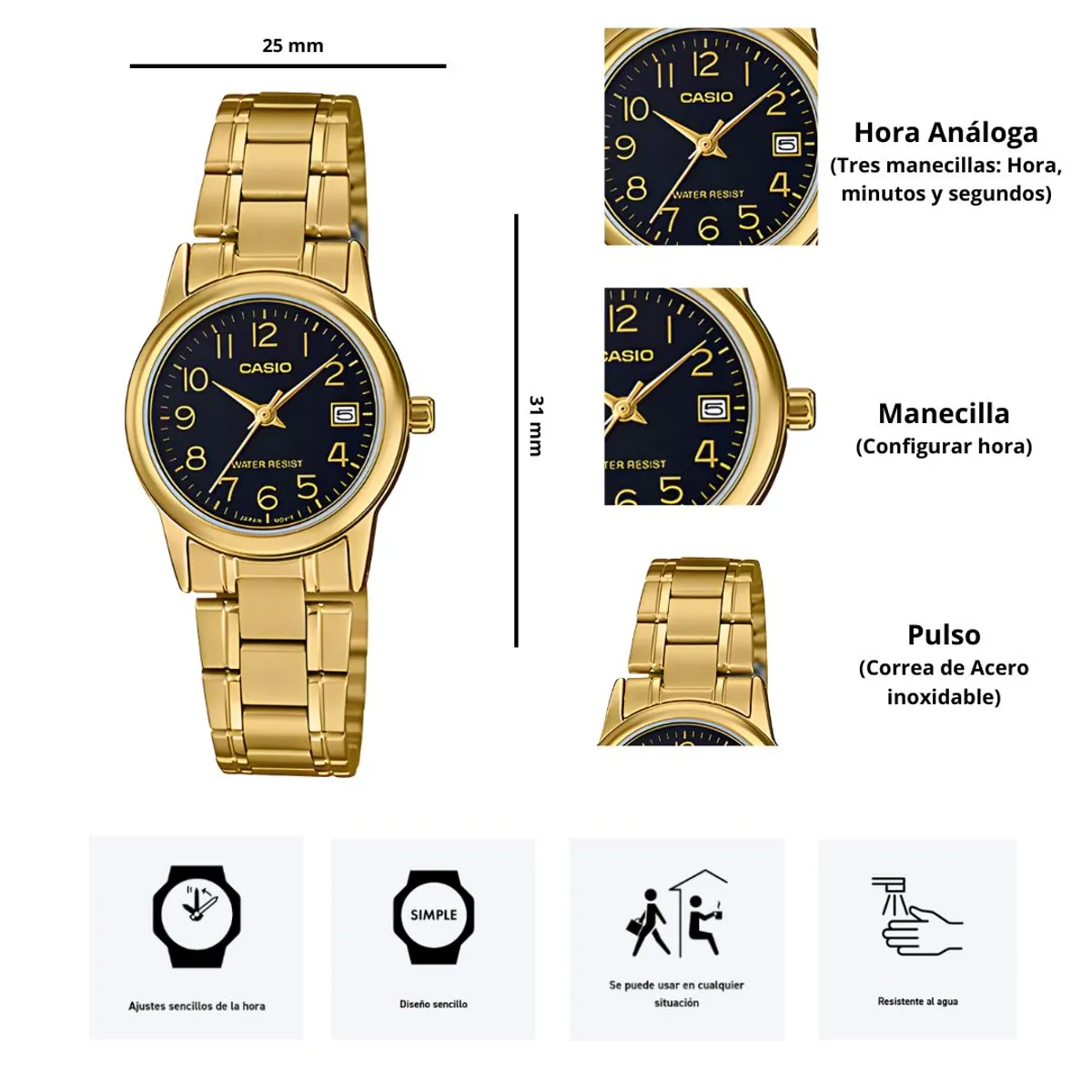 CASIO - Reloj Casio LTP-V002G-1B Diseño Elegante
