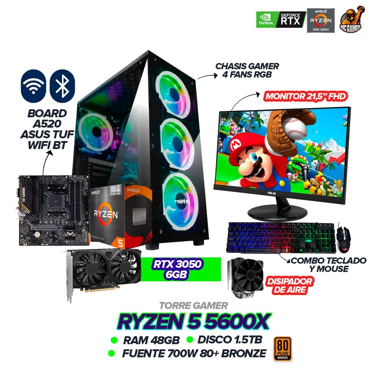 AMD - PC GAMER RYZEN 5 5600X / RTX 3050 6GB / 48GB RAM / 1.5TB SSD / A520M-PLUS WIFI / MONITOR ASUS 22"