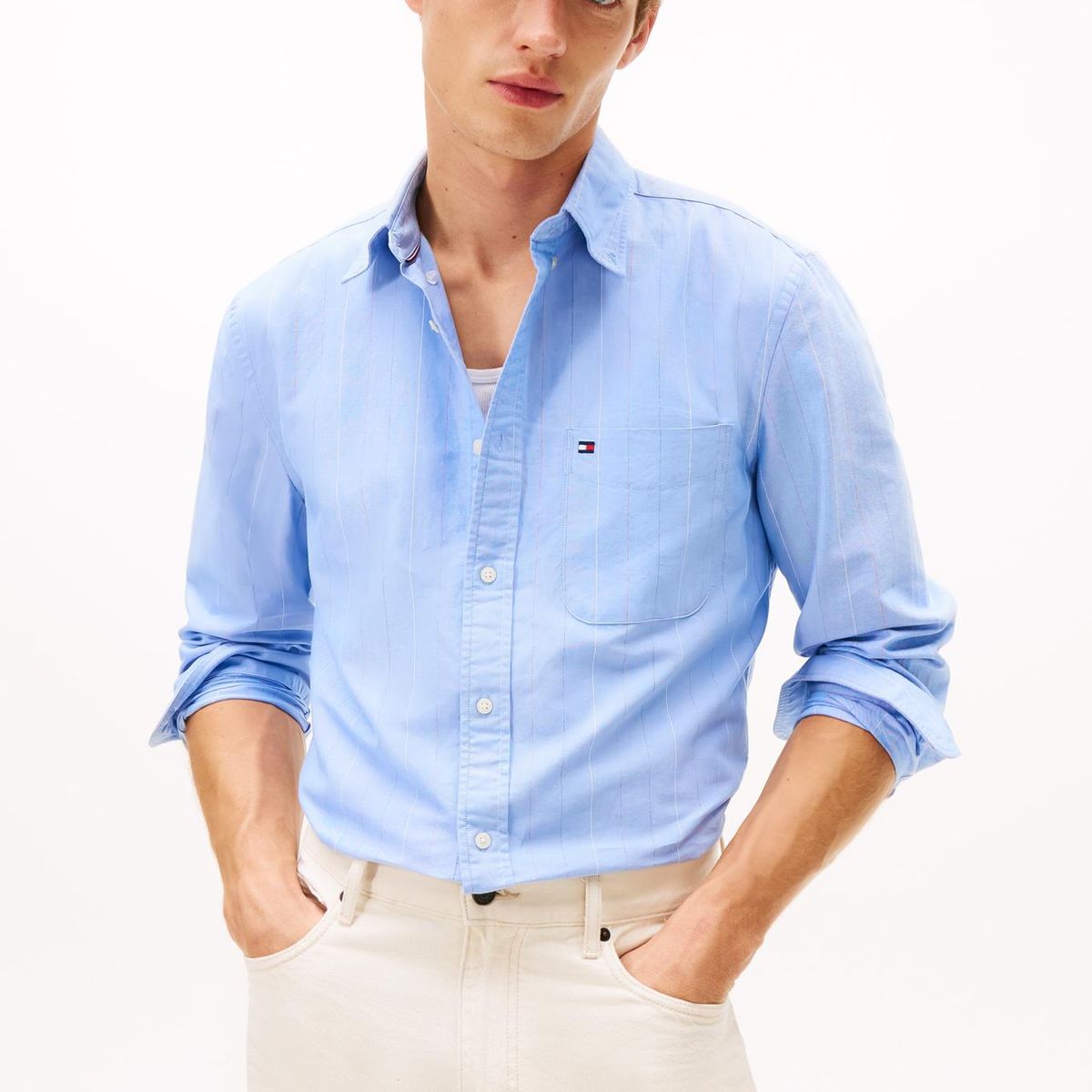 TOMMY HILFIGER - Camisa azul Oxford regular de raya diplomática Tommy Hilfiger