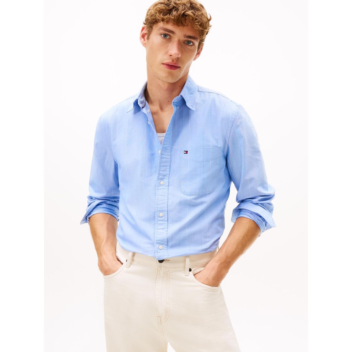 TOMMY HILFIGER - Camisa azul Oxford regular de raya diplomática Tommy Hilfiger