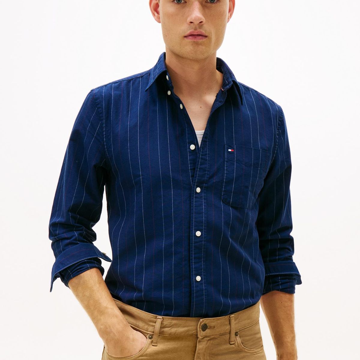 TOMMY HILFIGER - Camisa azul Oxford regular de raya diplomática Tommy Hilfiger