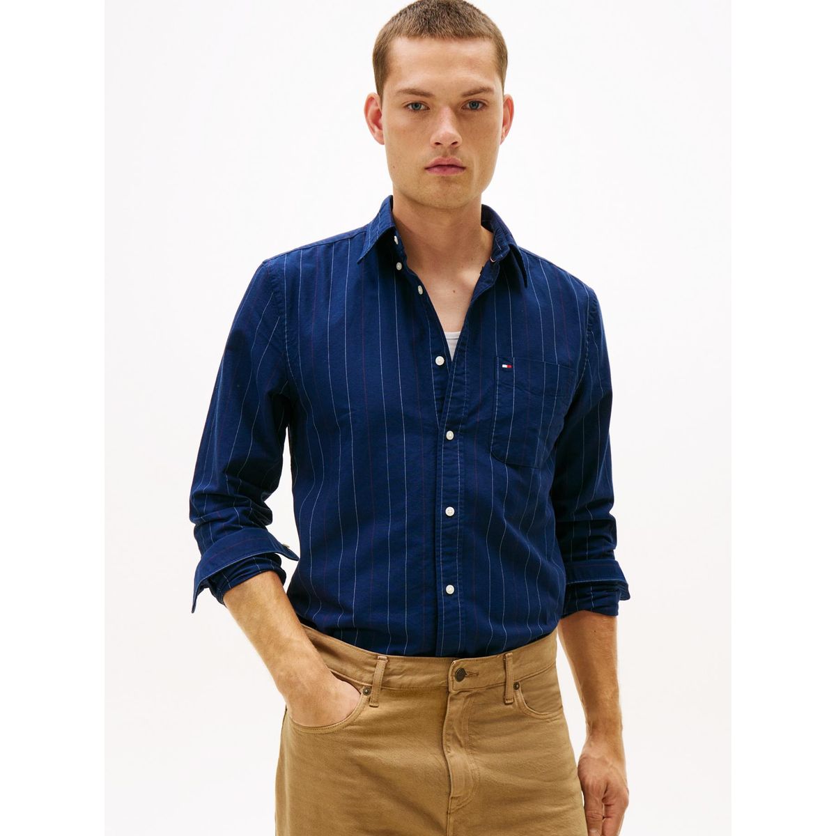 TOMMY HILFIGER - Camisa azul Oxford regular de raya diplomática Tommy Hilfiger