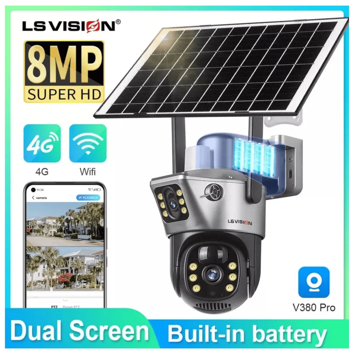 AMERICAN GENERICS - Cámara De Seguridad Con Panel Solar Doble Lente WIFI Alarma Nocturna Movimiento Micro SD