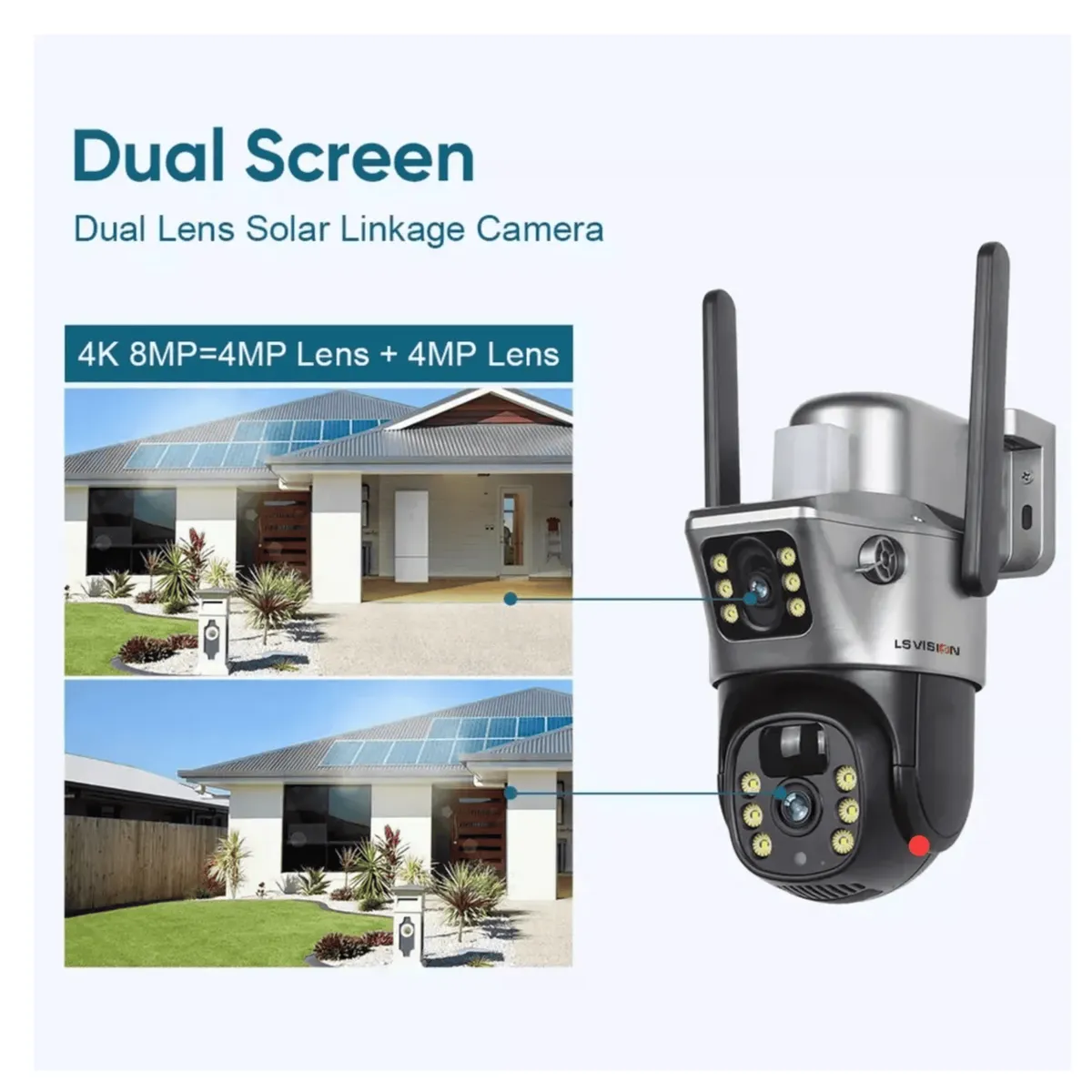 AMERICAN GENERICS - Cámara De Seguridad Con Panel Solar Doble Lente WIFI Alarma Nocturna Movimiento Micro SD