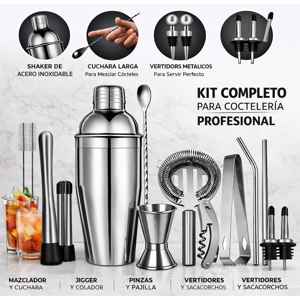 ONE PIXEL - Bartender Coctelera Set Utensilios Bar Inoxidable 17 Piezas