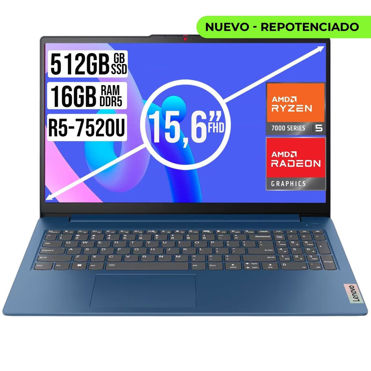 LENOVO - Portatil Lenovo IdeaPad Slim 15.6" FHD AMD Ryzen 5 7520U 16GB 512GB SSD Azul