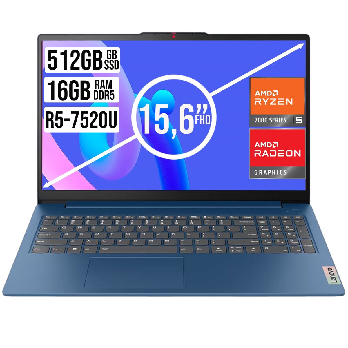 Lenovo - Portatil Lenovo IdeaPad Slim 15.6" FHD AMD Ryzen 5 7520U 16GB 512GB SSD Azul