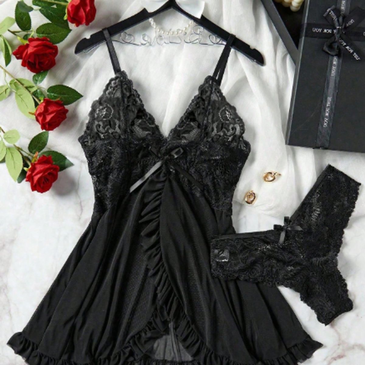 GENERICO - Conjunto Lencería Sexy Babydoll Encaje Pijama Suave Negro S M