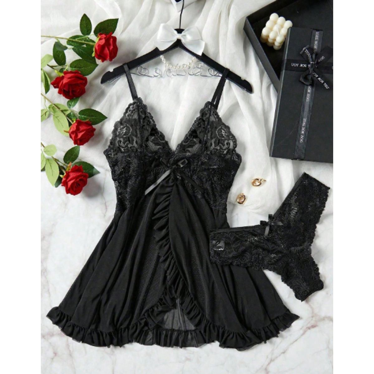 GENERICO - Conjunto Lencería Sexy Babydoll Encaje Pijama Suave Negro S M