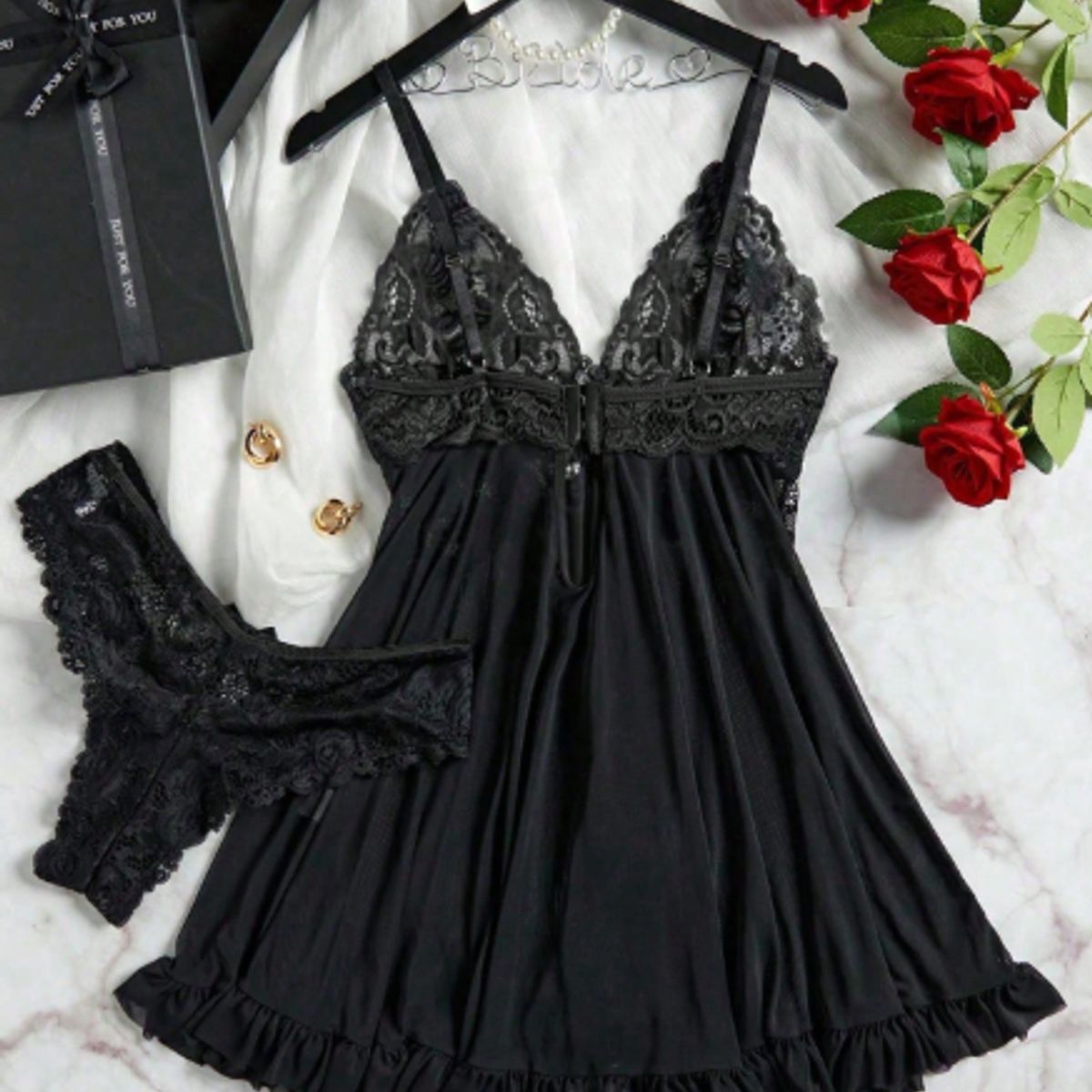 GENERICO - Conjunto Lencería Sexy Babydoll Encaje Pijama Suave Negro S M