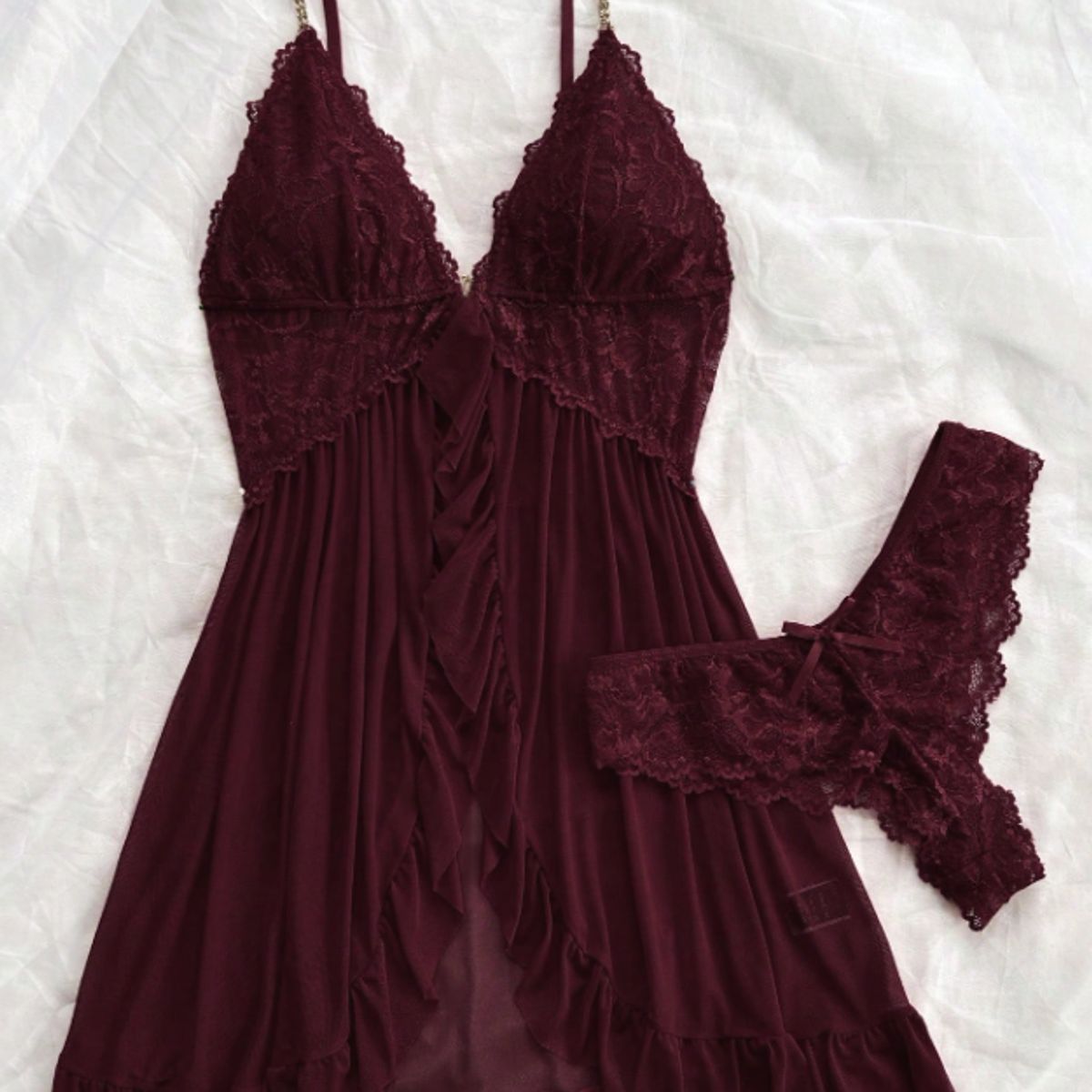 GENERICO - Conjunto Lencería Sexy Babydoll Encaje Pijama Suave Vino Granate L XL