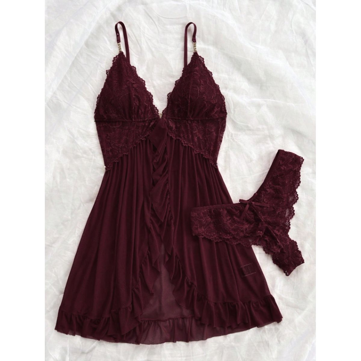 GENERICO - Conjunto Lencería Sexy Babydoll Encaje Pijama Suave Vino Granate L XL