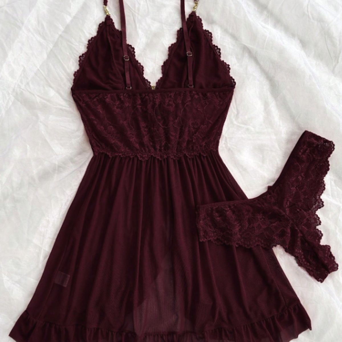 GENERICO - Conjunto Lencería Sexy Babydoll Encaje Pijama Suave Vino Granate L XL