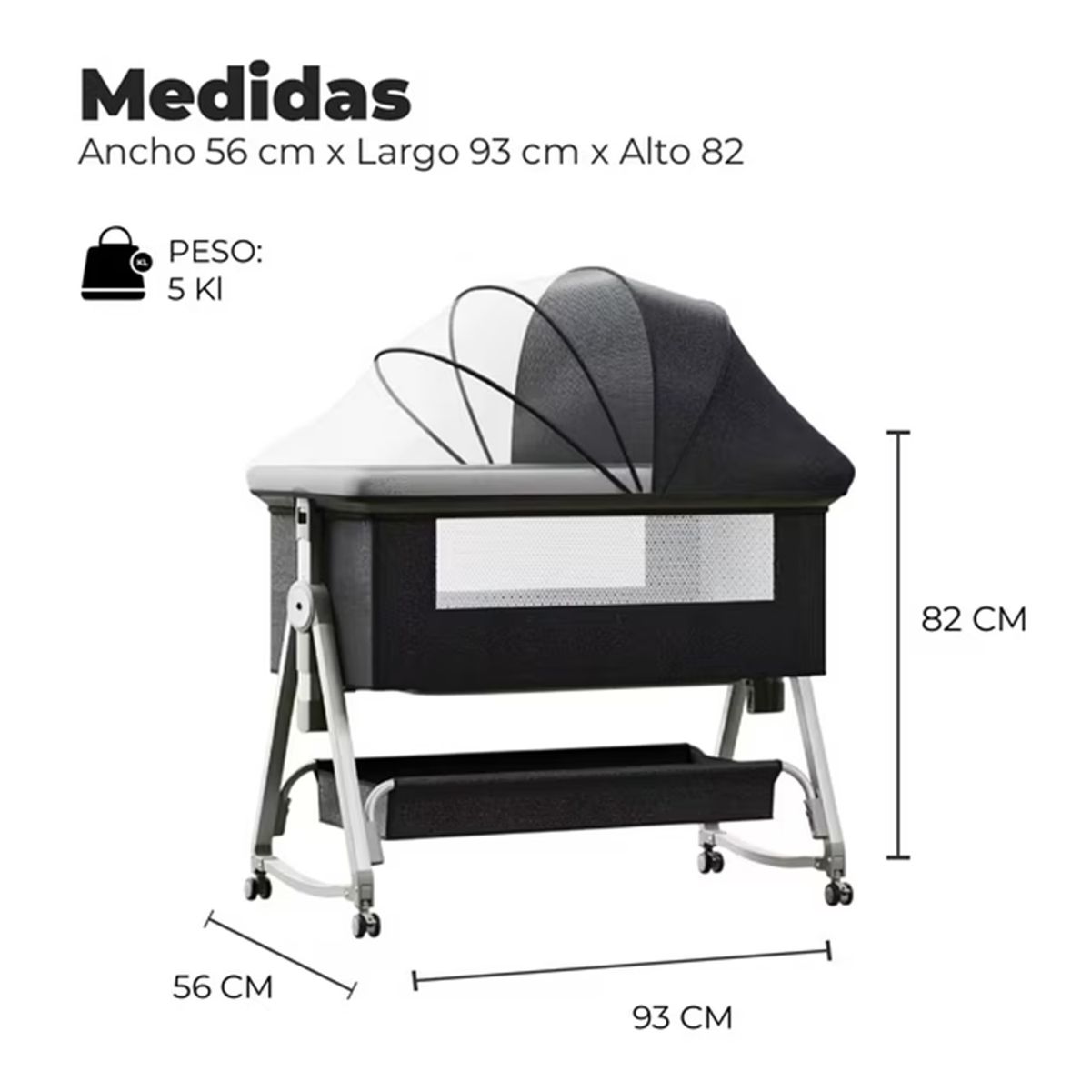 GENERICO - Cuna Colecho Portátil para Bebé con Toldillo y Ruedas Color Negro