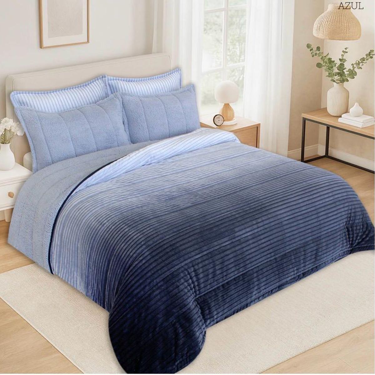 INCO - Plumón Sherpa Degradado Azul Medio Ultra Suave para Cama Doble