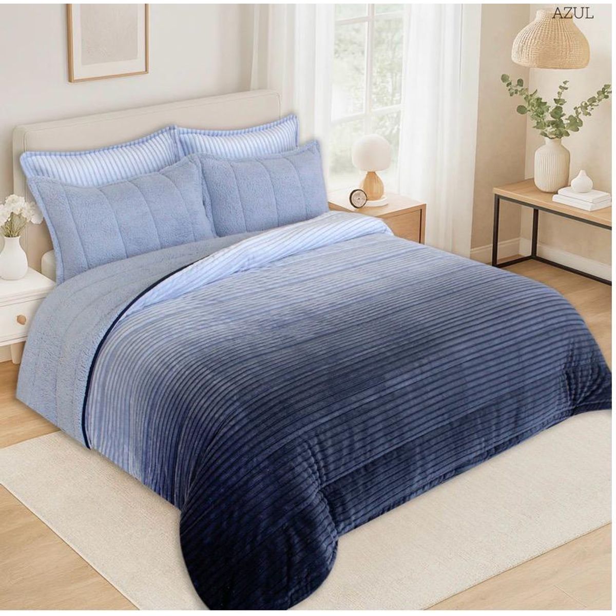 INCO - Plumón Sherpa Degradado Azul Medio Ultra Suave para Cama Doble
