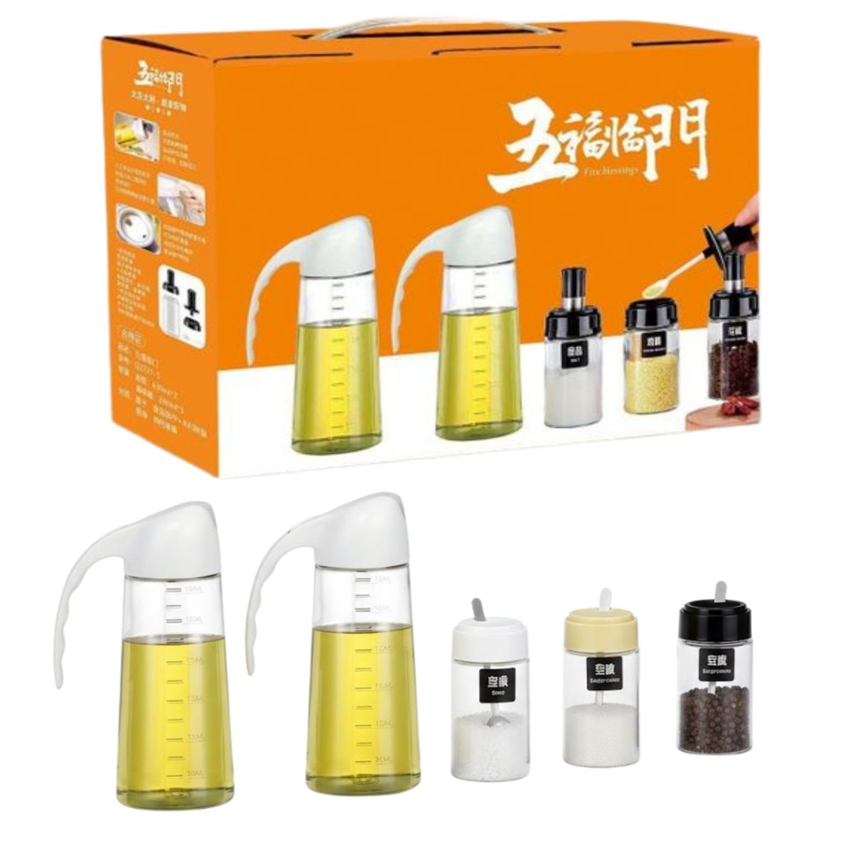 GENERICO - Set Dispensadores De Aceite Y Vinagre Con Especieros-Salero