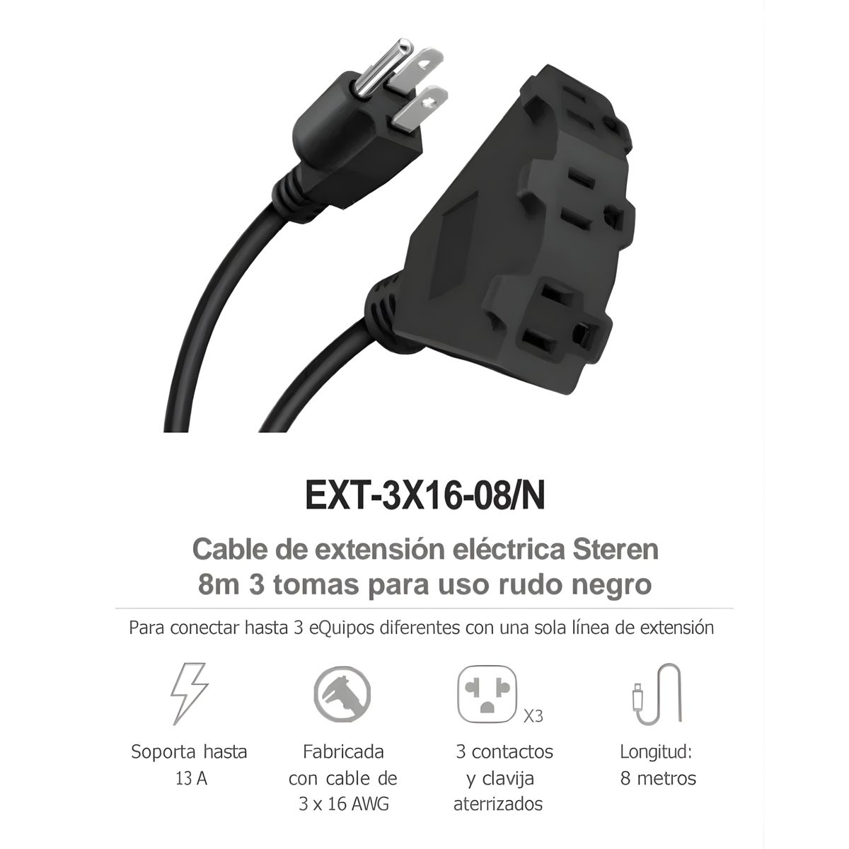 STEREN - Extensión polarizada de 3 contactos, para uso rudo, de 8 m, negra