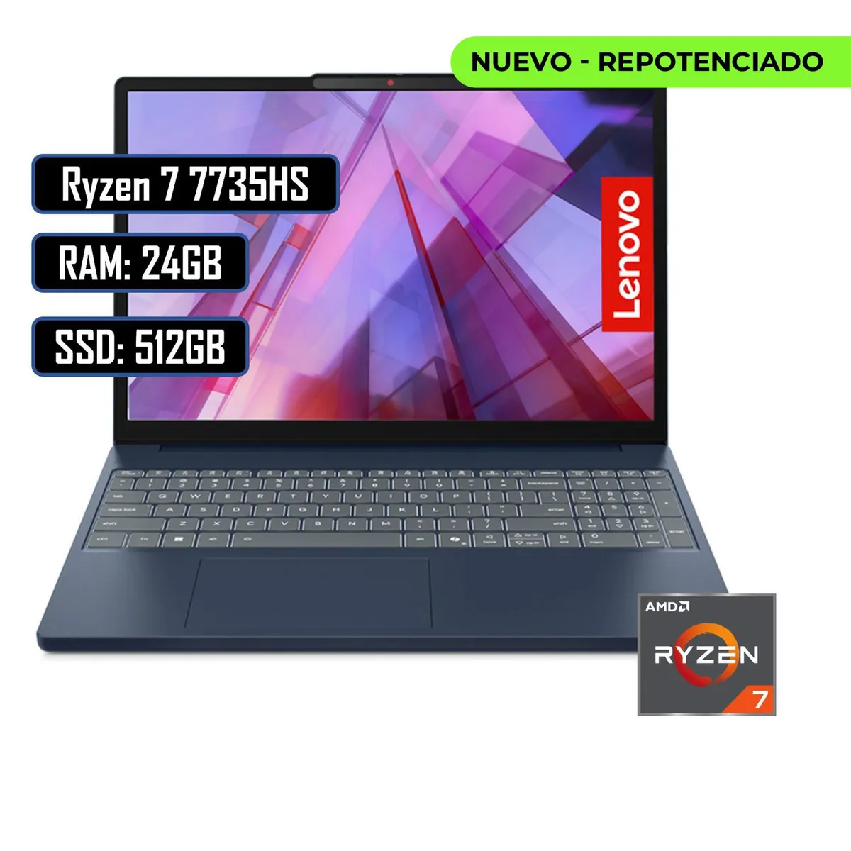 Lenovo - PORTATIL LENOVO SLIM 3 AMD RYZEN 7 7735HS RAM 24GB DDR5 - SSD 512GB - 15.3 WUXGA AZUL
