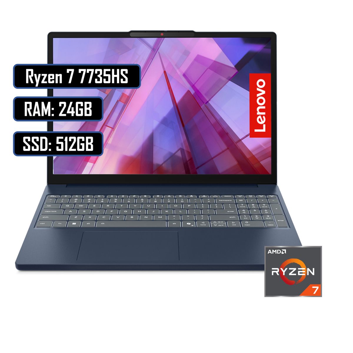Lenovo - PORTATIL LENOVO SLIM 3 AMD RYZEN 7 7735HS RAM 24GB DDR5 - SSD 512GB - 15.3 WUXGA AZUL