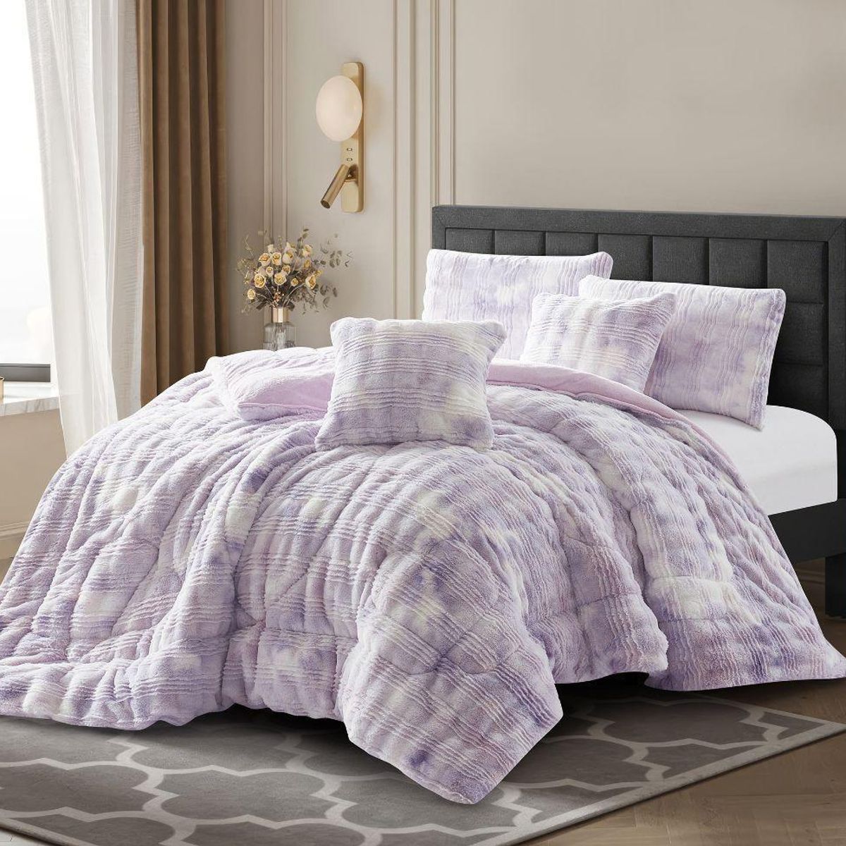 INCO - Cubrelecho Piel en Terciopelo Alto Relieve Lila  para Cama Doble