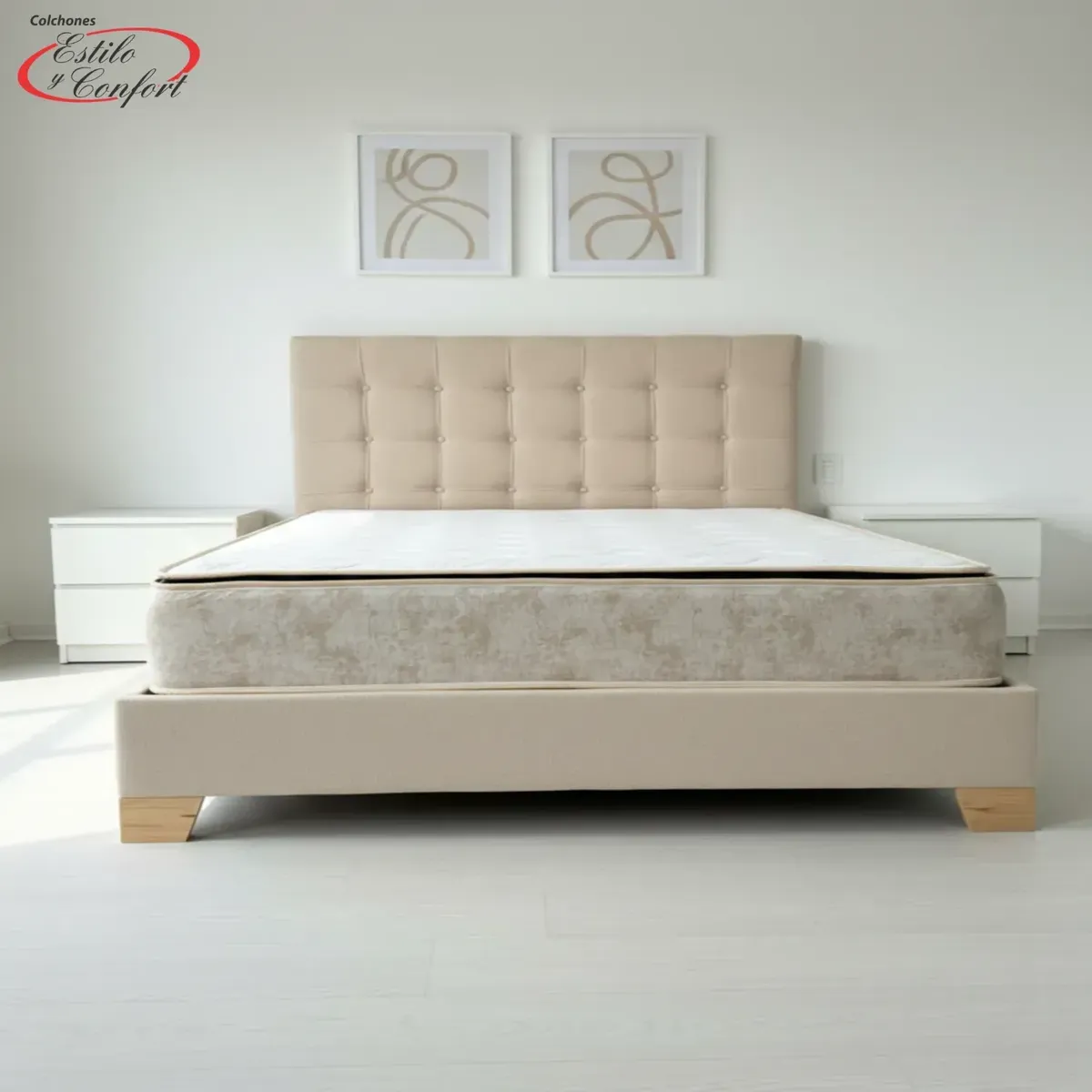 ESTILO Y CONFORT - Combo Basecama+Cabecero Deko Tela Arena+Colchon Ortopedico Resortado 140x190