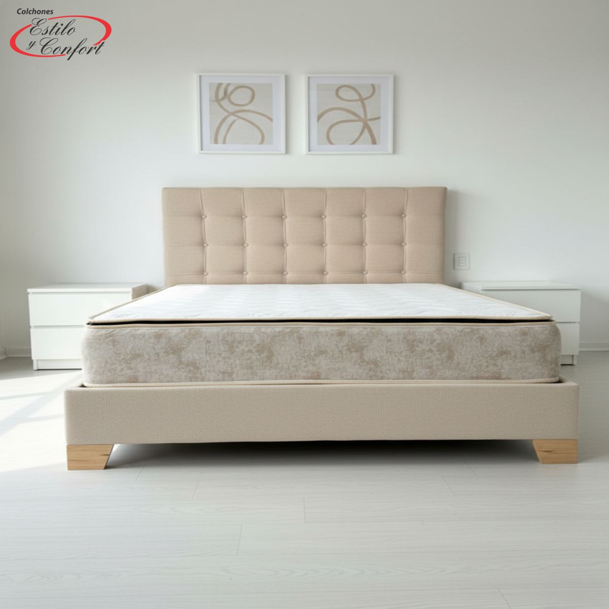 ESTILO Y CONFORT - Mega Combo Colchón mas Basecama mas cabecero Deco 160X190 + Obsequios Beige Pata de Madera
