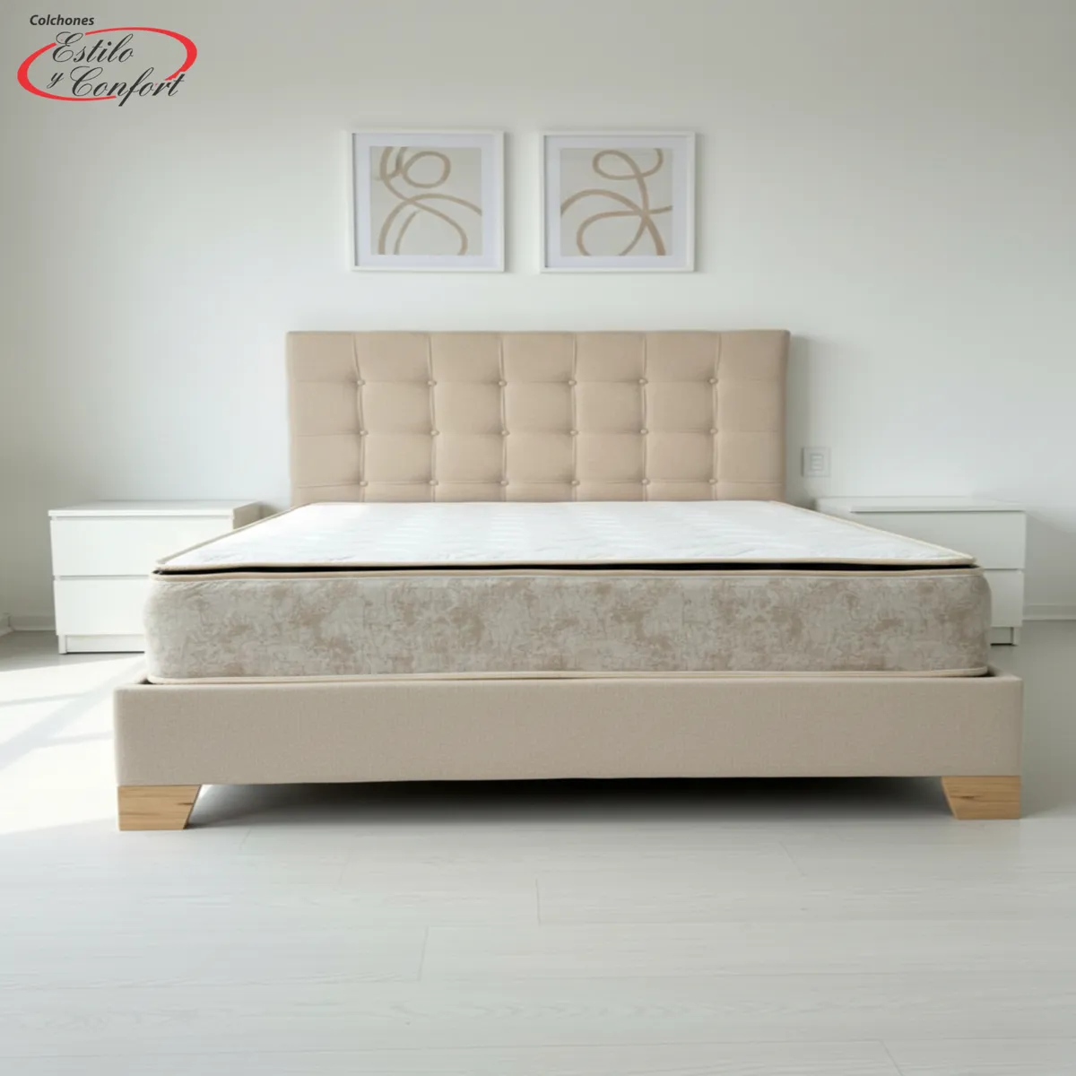 ESTILO Y CONFORT - Mega Combo Colchón mas Basecama mas cabecero Deco 160X190 + Obsequios Beige Pata de Madera