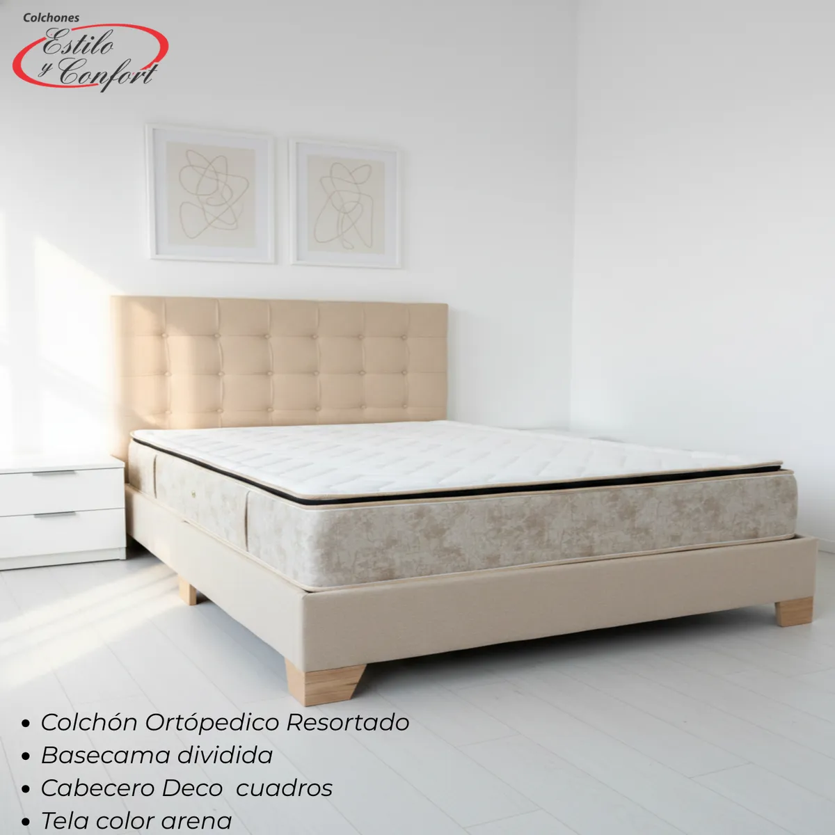ESTILO Y CONFORT - Mega Combo Colchón mas Basecama mas cabecero Deco 160X190 + Obsequios Beige Pata de Madera