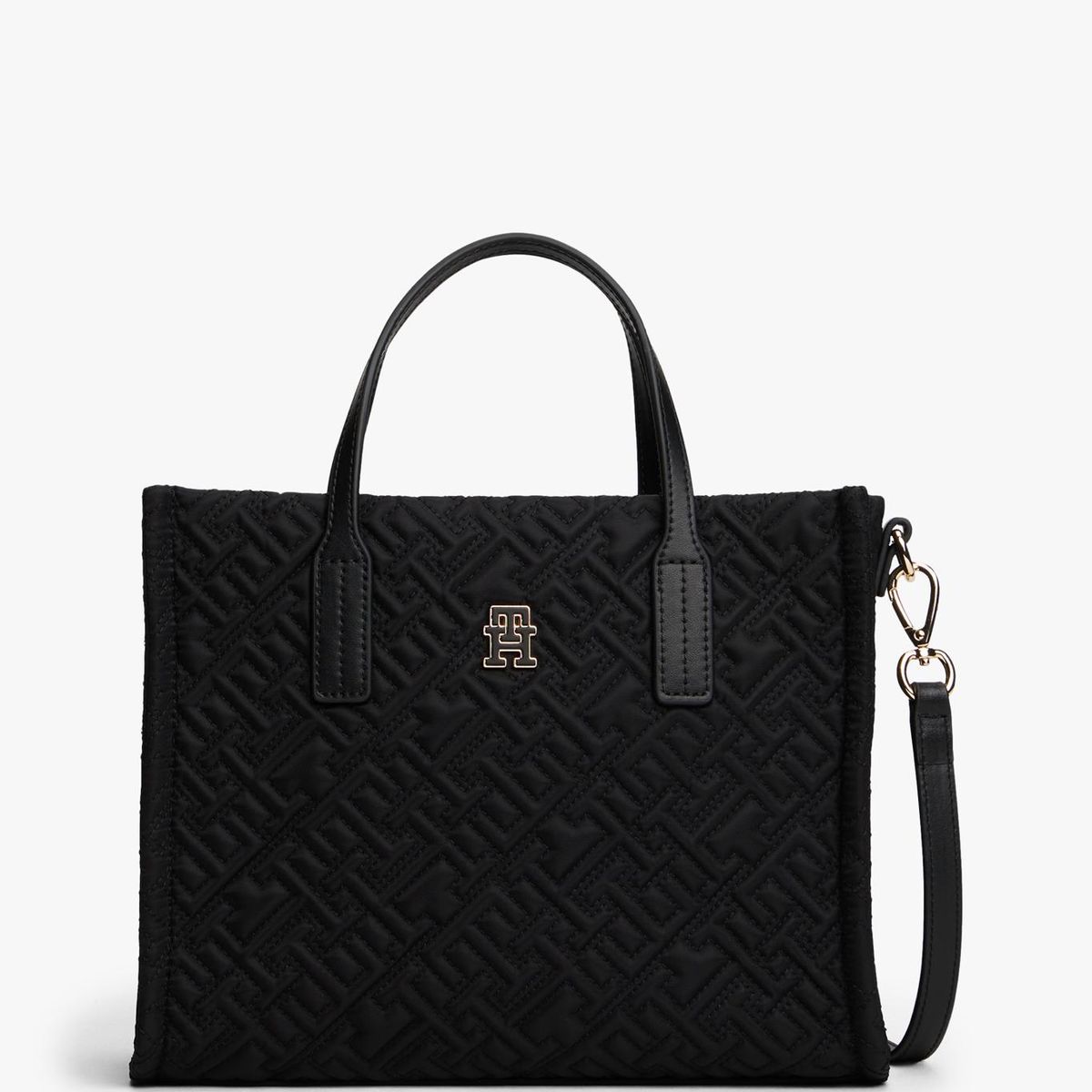 TOMMY HILFIGER - Bolso negro mini tote con texturizado monograma TH Tommy Hilfiger