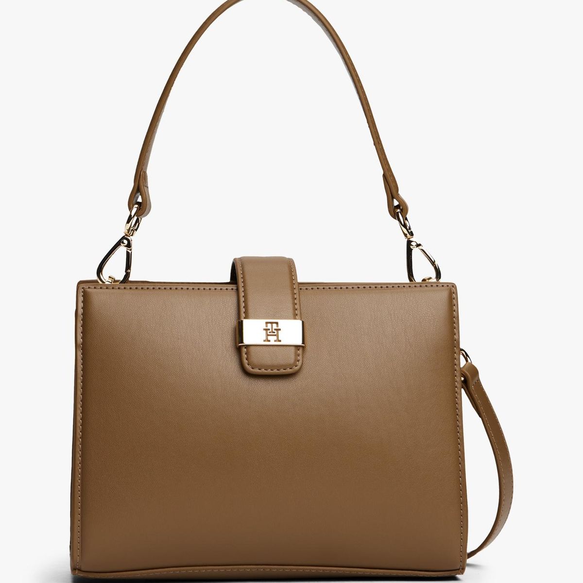 TOMMY HILFIGER - Bolso café satchel con monograma TH Tommy Hilfiger