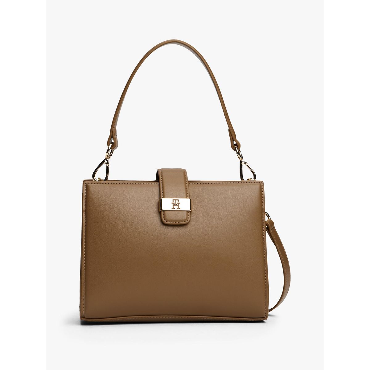 TOMMY HILFIGER - Bolso café satchel con monograma TH Tommy Hilfiger